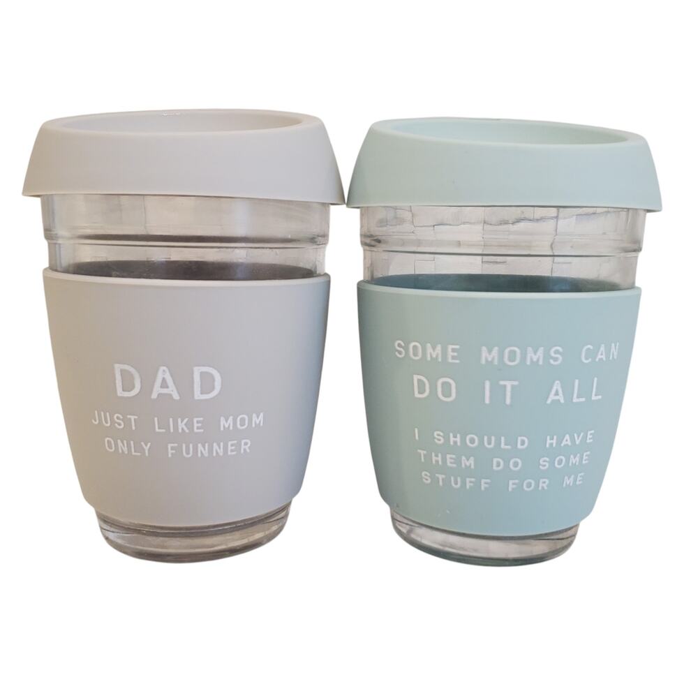 Mud Pie Glass Travel Coffee Cups Silicone Lids Mom and Dad Matching Coffee